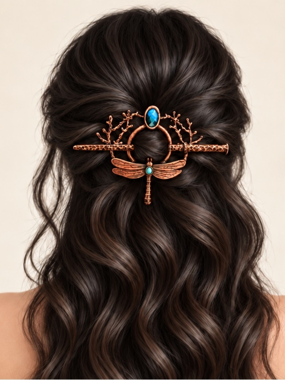 Copper Dragonfly Hair Stick with Blue Gem